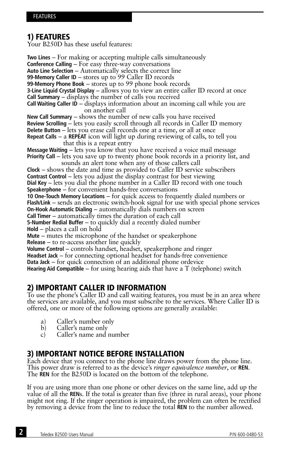 1) features, 2) important caller id information, 3) important notice before installation | Teledex B-Series User Manual | Page 53 / 84