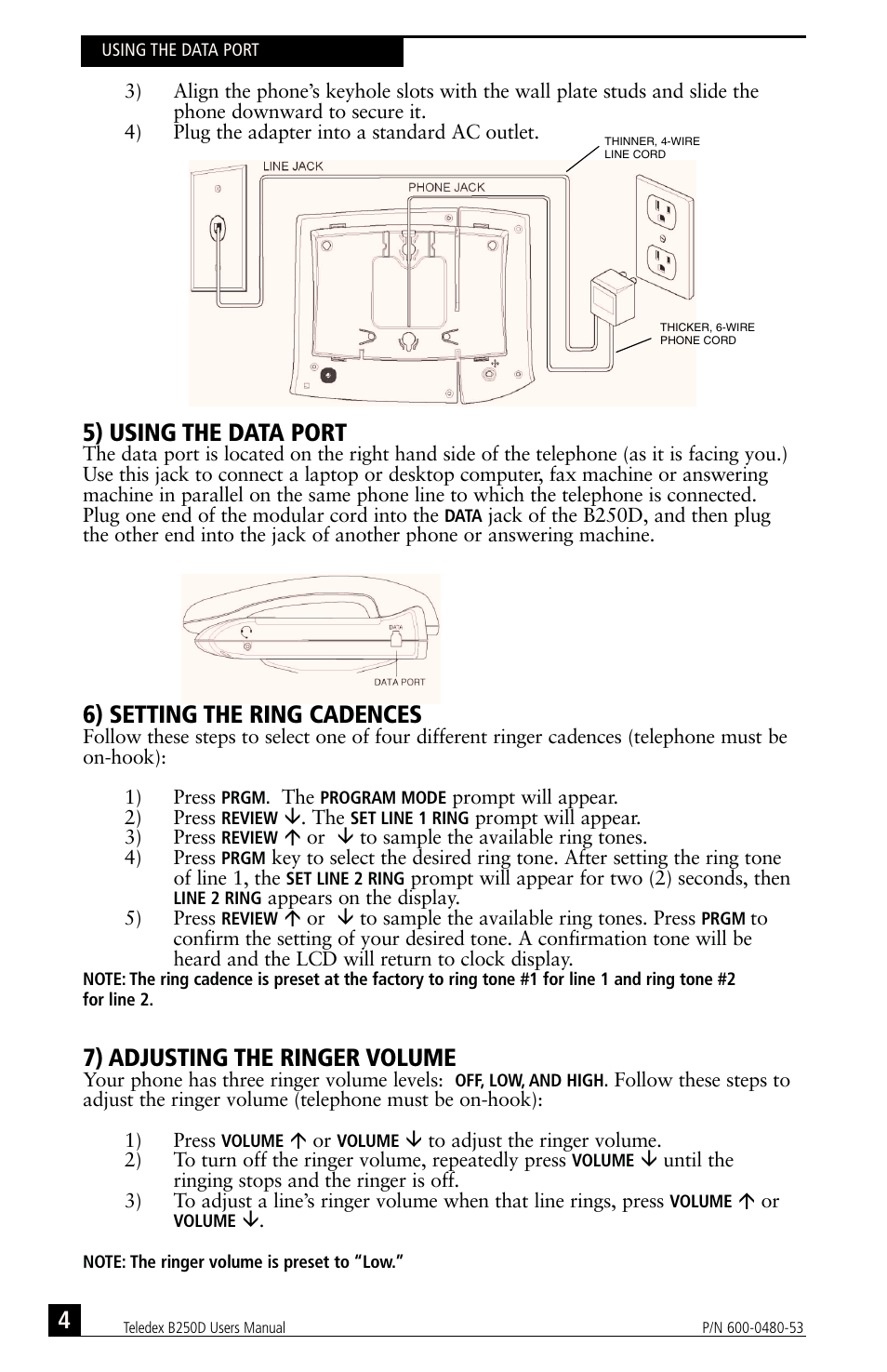 5) using the data port, 6) setting the ring cadences, 7) adjusting the ringer volume | Teledex B-Series User Manual | Page 55 / 84