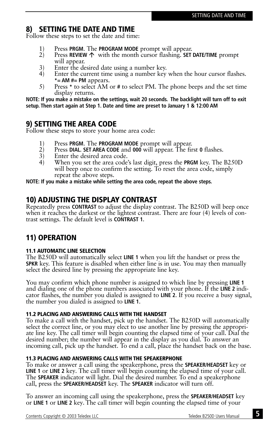 8) setting the date and time, 9) setting the area code, 10) adjusting the display contrast | 11) operation | Teledex B-Series User Manual | Page 56 / 84