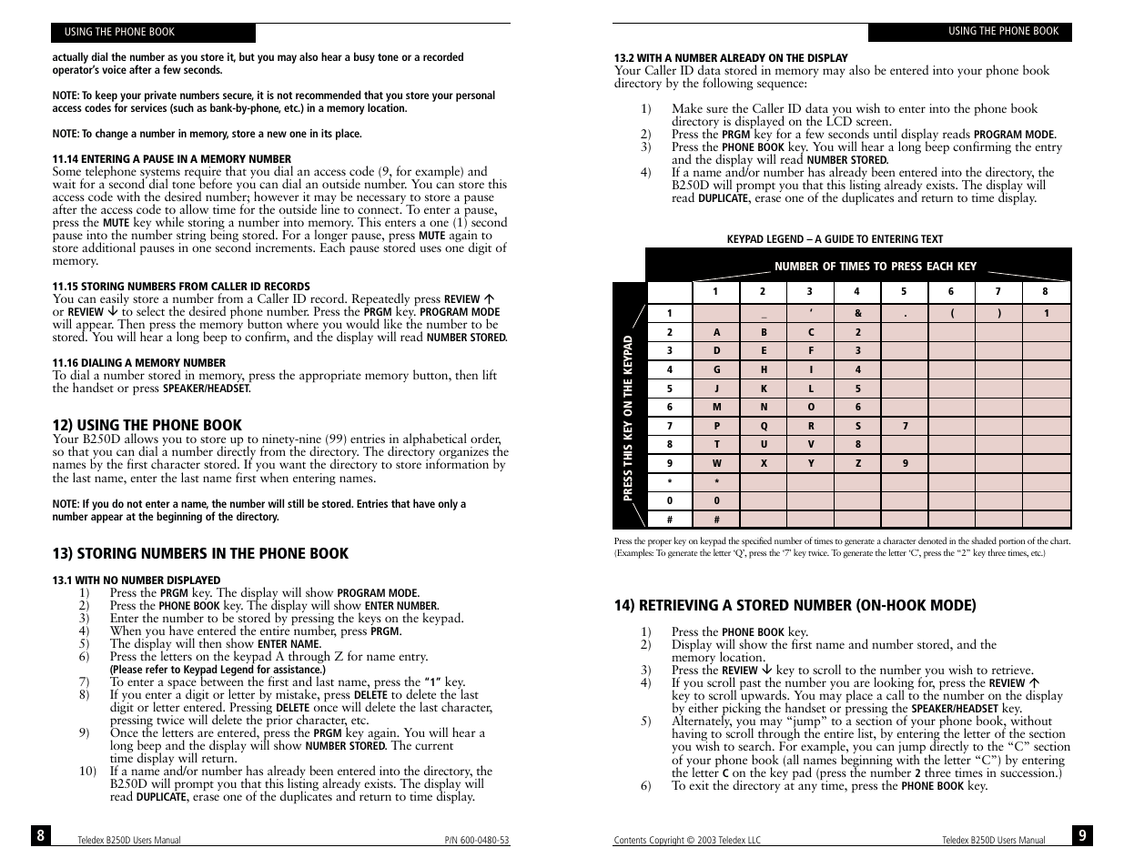 12) using the phone book, 13) storing numbers in the phone book, 14) retrieving a stored number (on-hook mode) | Teledex B-Series User Manual | Page 60 / 84