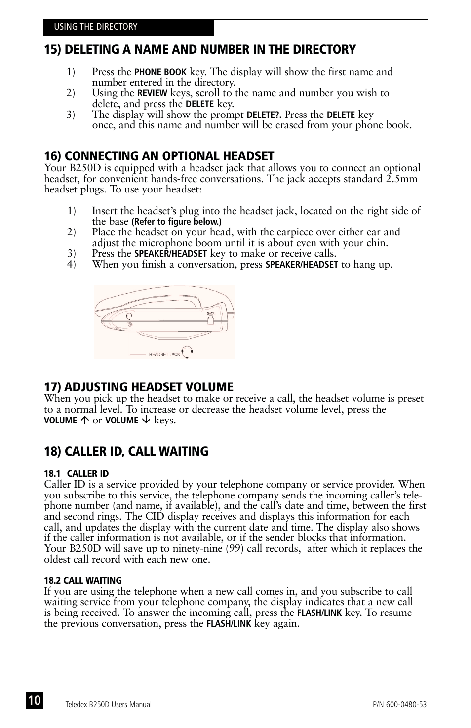 15) deleting a name and number in the directory, 16) connecting an optional headset, 17) adjusting headset volume | 18) caller id, call waiting | Teledex B-Series User Manual | Page 61 / 84