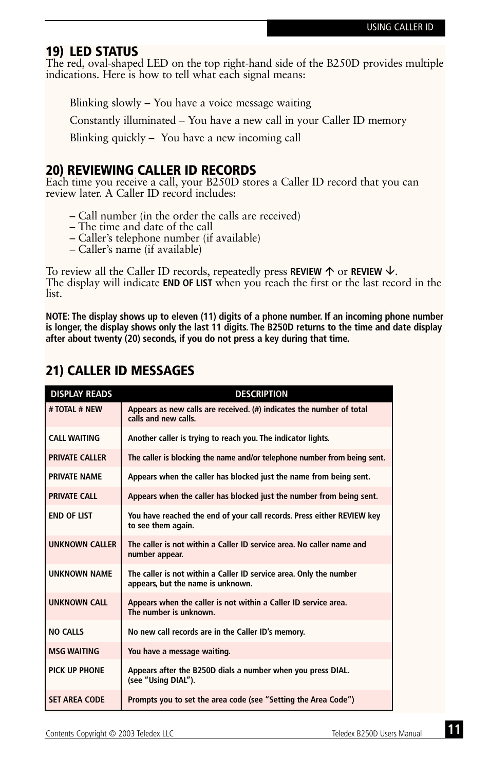 19) led status, 20) reviewing caller id records, 21) caller id messages 11 | Teledex B-Series User Manual | Page 62 / 84