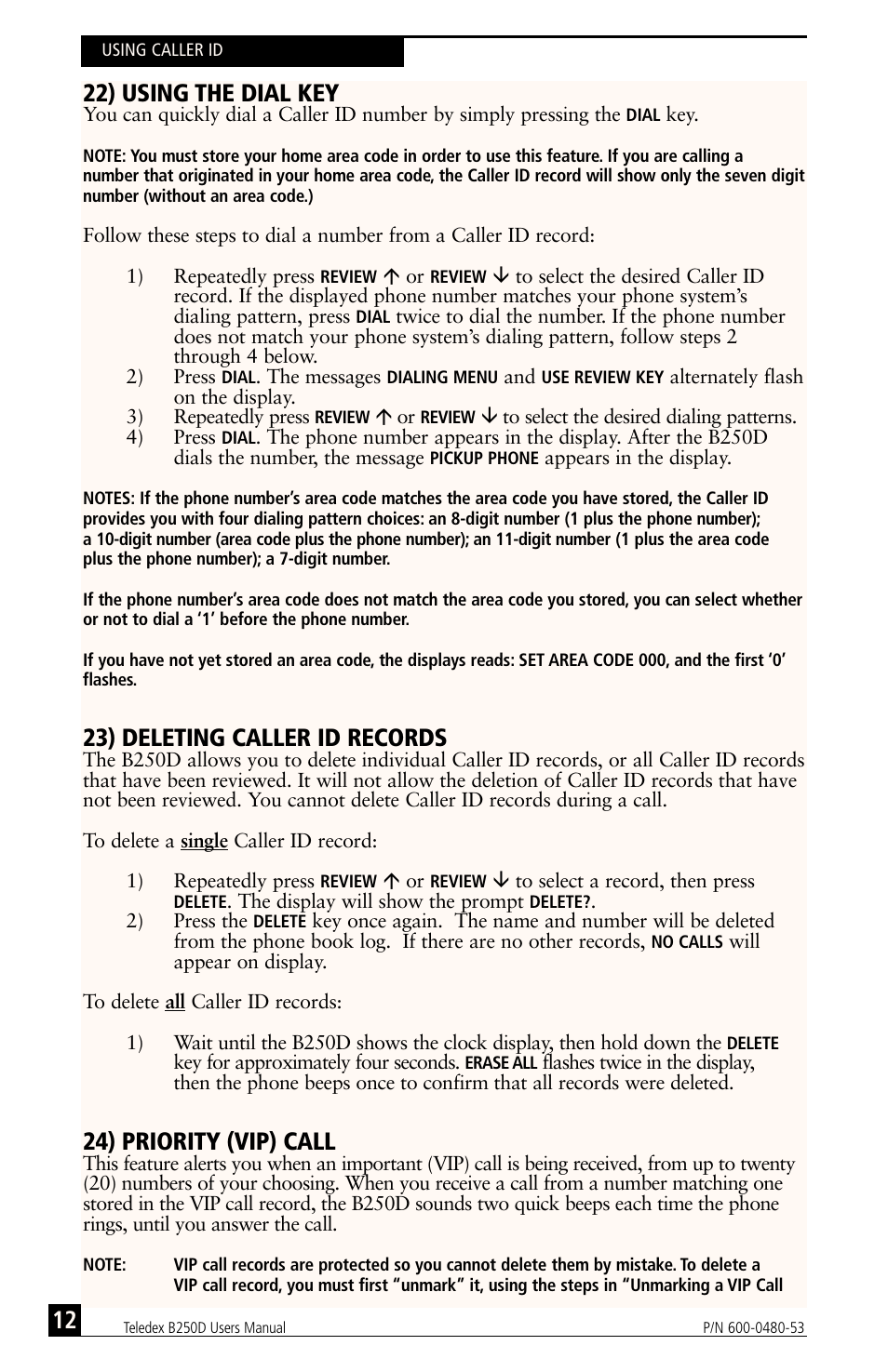 22) using the dial key, 23) deleting caller id records, 24) priority (vip) call | Teledex B-Series User Manual | Page 63 / 84