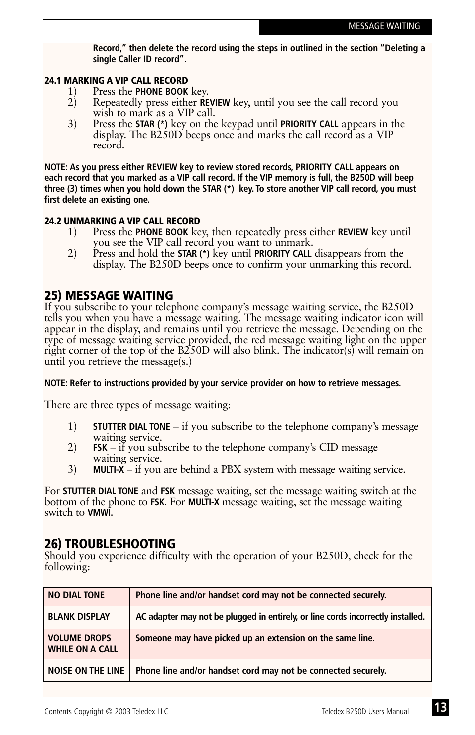25) message waiting, 26) troubleshooting | Teledex B-Series User Manual | Page 64 / 84