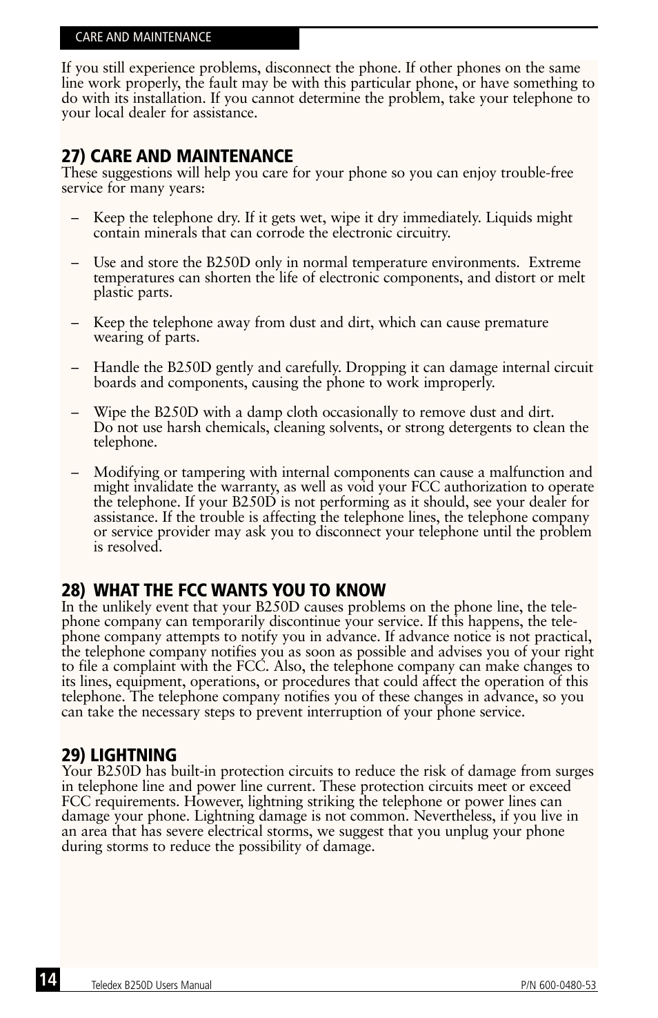 27) care and maintenance, 28) what the fcc wants you to know, 29) lightning | Teledex B-Series User Manual | Page 65 / 84
