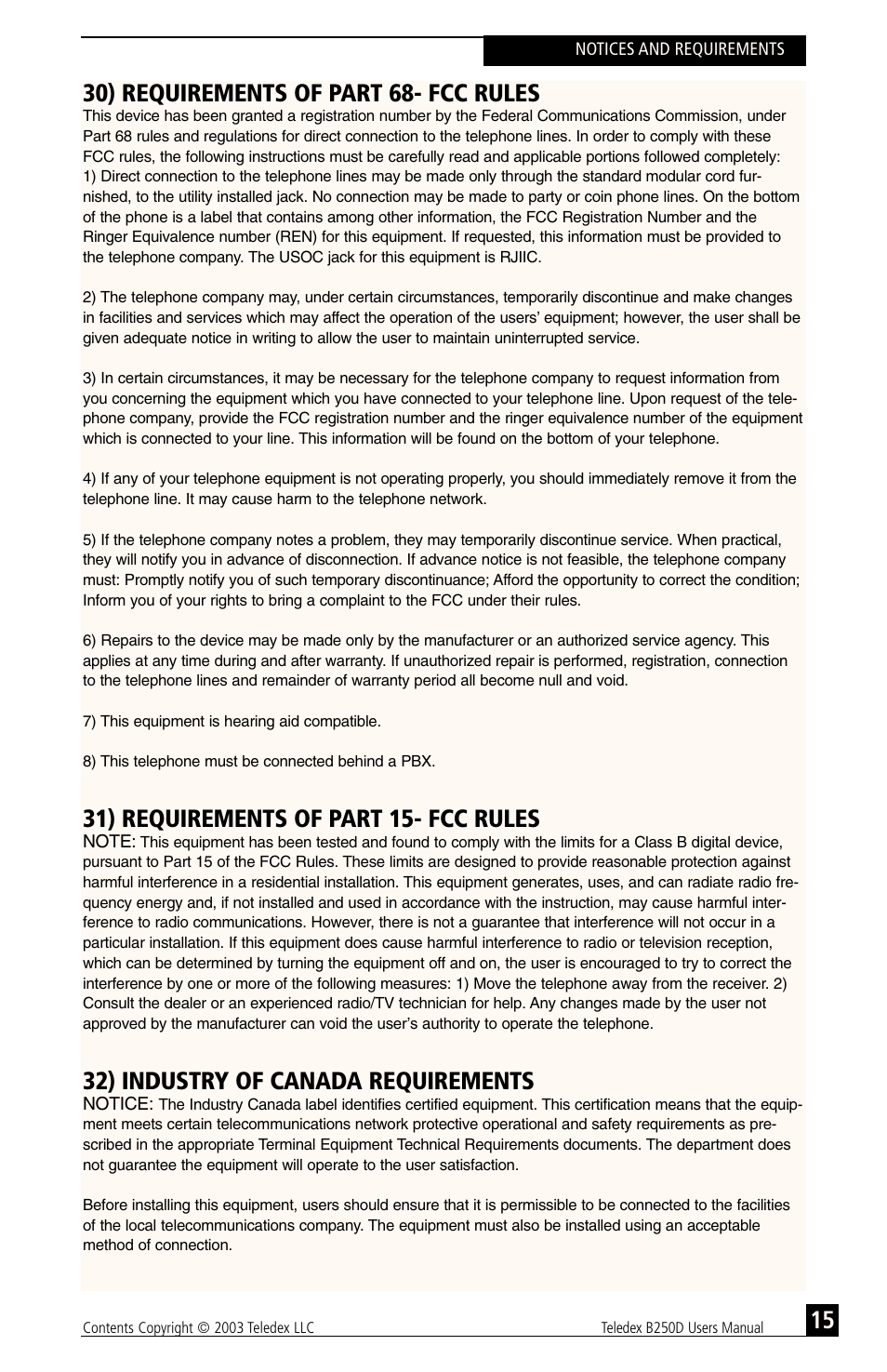 30) requirements of part 68- fcc rules, 31) requirements of part 15- fcc rules, 32) industry of canada requirements | Teledex B-Series User Manual | Page 66 / 84