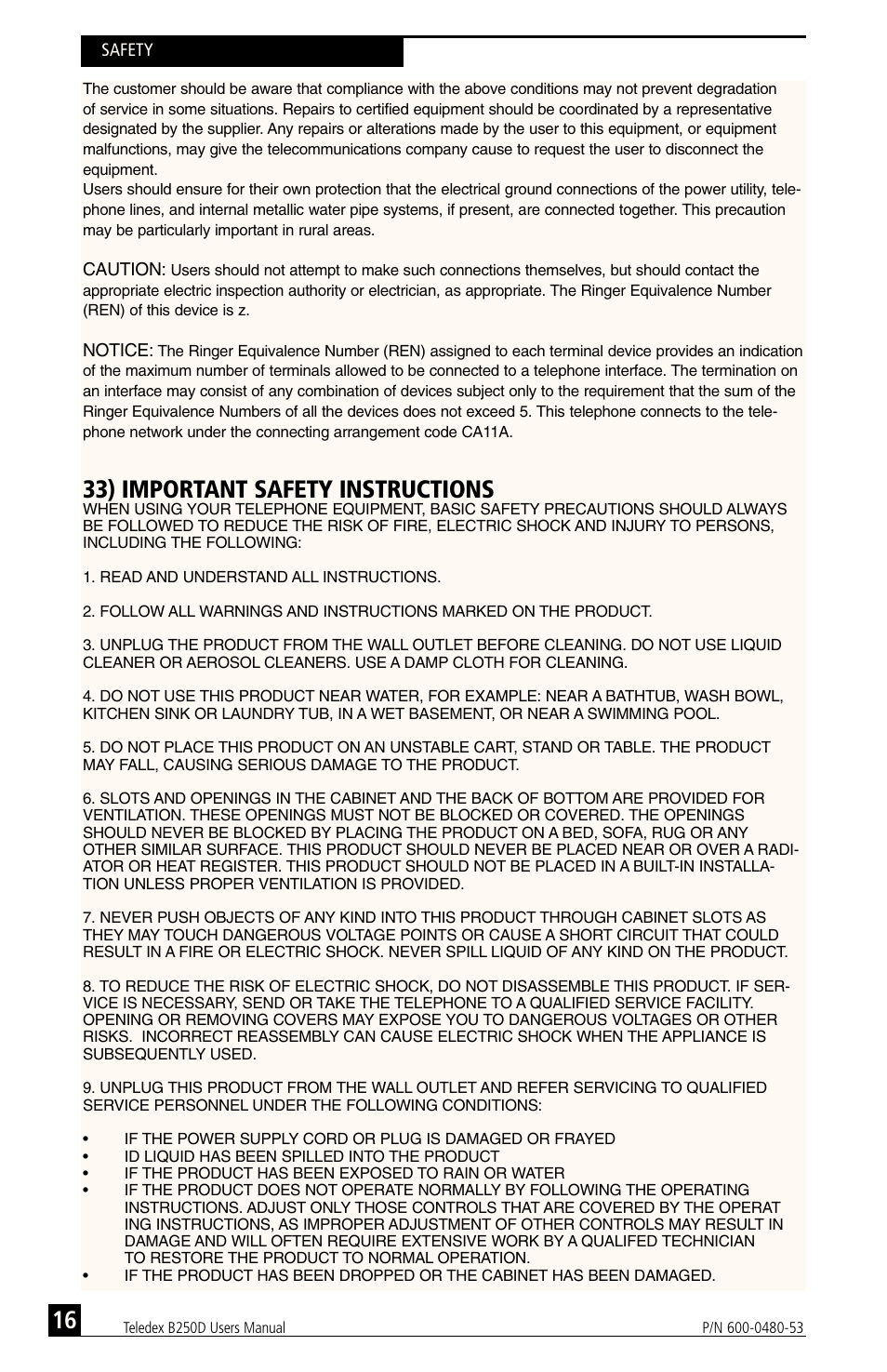 33) important safety instructions | Teledex B-Series User Manual | Page 67 / 84
