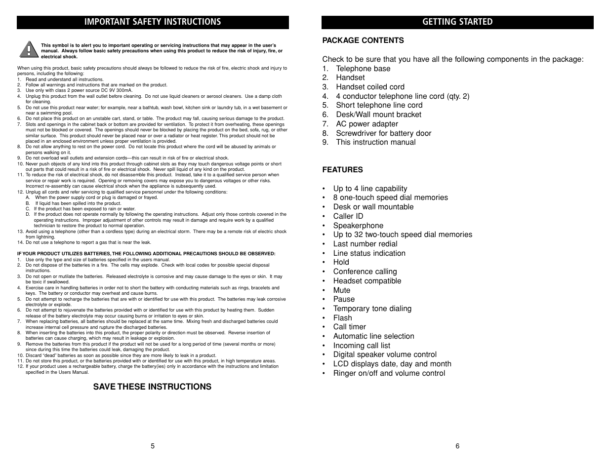 Getting started, Important safety instructions, Save these instructions | Teledex B-Series User Manual | Page 73 / 84