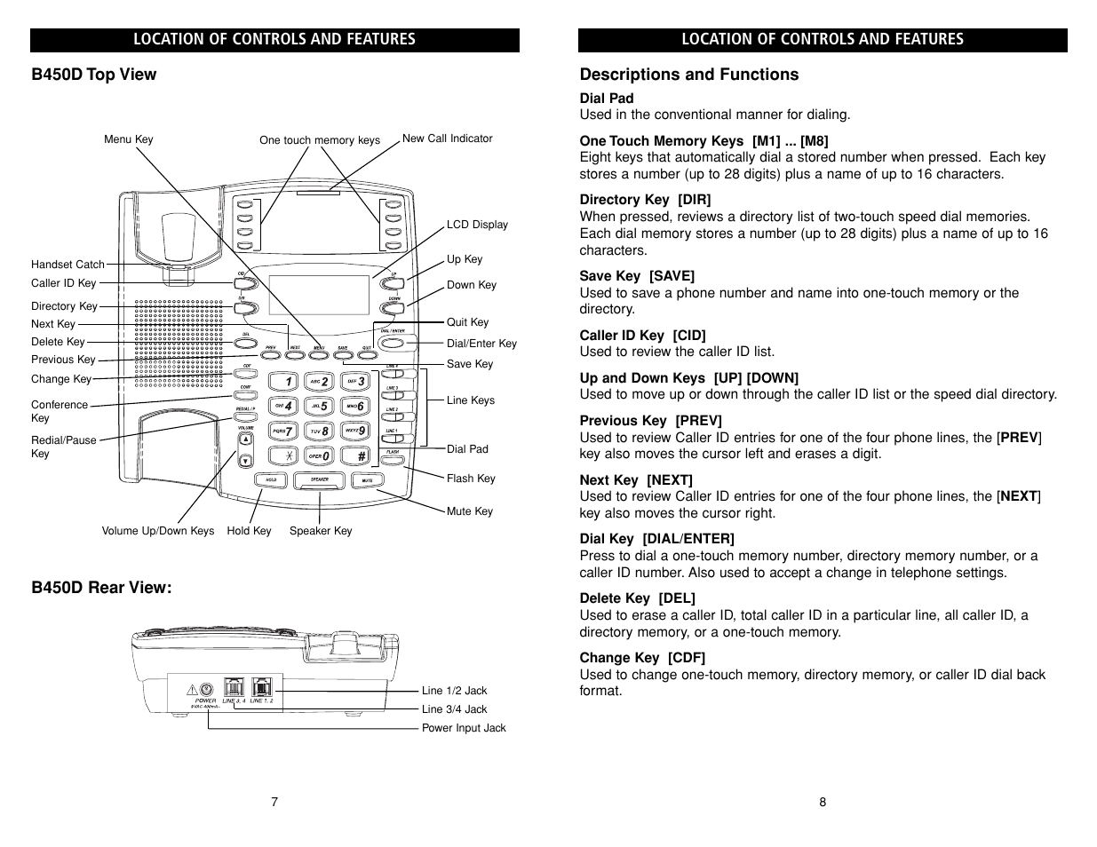 Descriptions and functions, Location of controls and features, B450d top view location of controls and features | B450d rear view | Teledex B-Series User Manual | Page 74 / 84