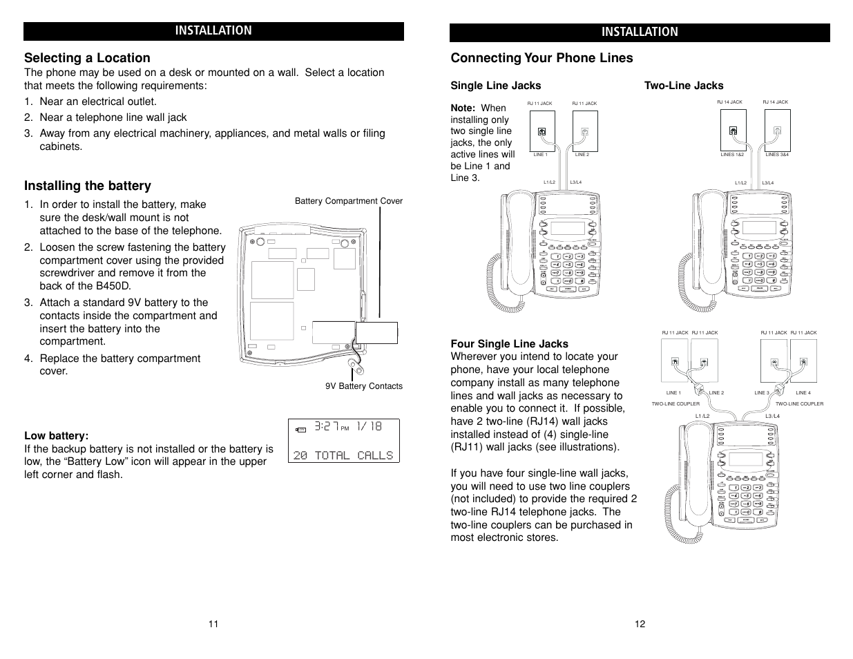 Selecting a location, Installing the battery, Installation | Connecting your phone lines | Teledex B-Series User Manual | Page 76 / 84