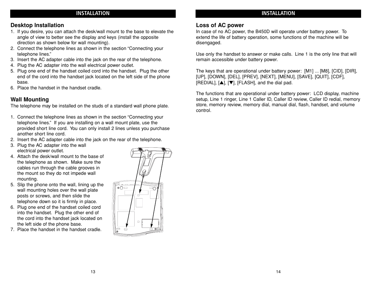 Loss of ac power, Installation, Desktop installation | Wall mounting | Teledex B-Series User Manual | Page 77 / 84