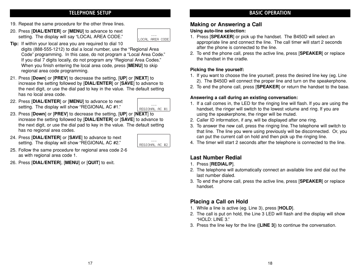 Making or answering a call, Last number redial, Placing a call on hold | Basic operation, Telephone setup | Teledex B-Series User Manual | Page 79 / 84