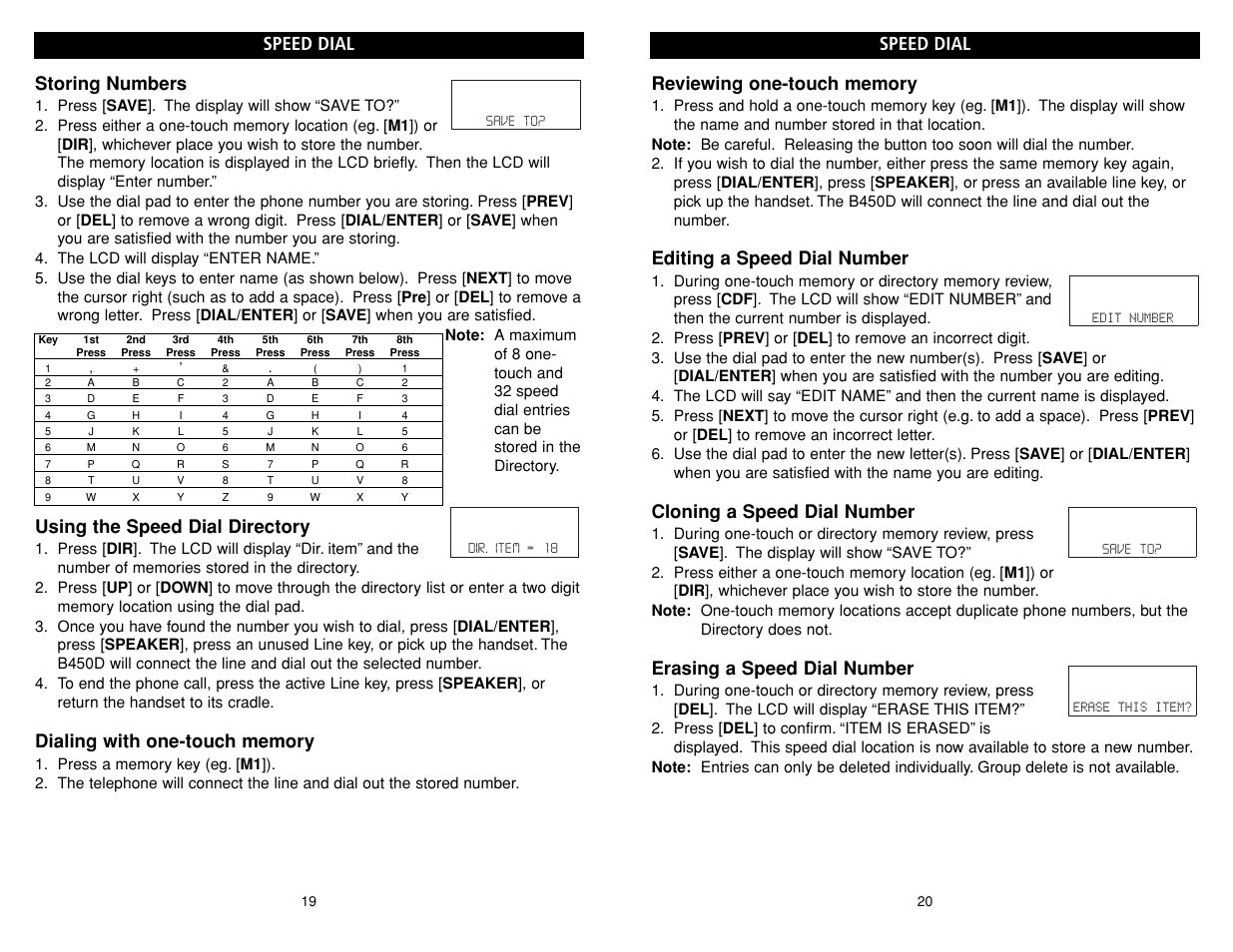 Editing a speed dial number, Cloning a speed dial number, Erasing a speed dial number | Speed dial, Storing numbers, Using the speed dial directory | Teledex B-Series User Manual | Page 80 / 84