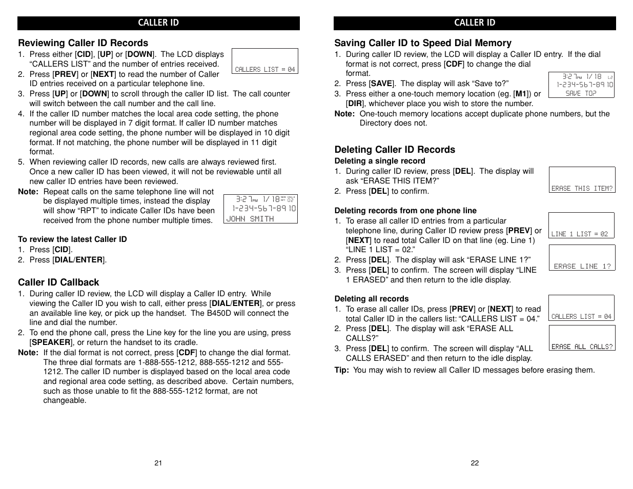 Deleting caller id records, Caller id, Reviewing caller id records | Caller id callback | Teledex B-Series User Manual | Page 81 / 84