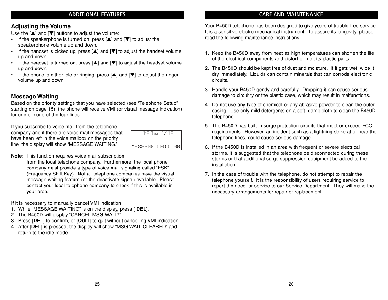 Care and maintenance, Adjusting the volume, Message waiting | Additional features message waiting 3:27 | Teledex B-Series User Manual | Page 83 / 84