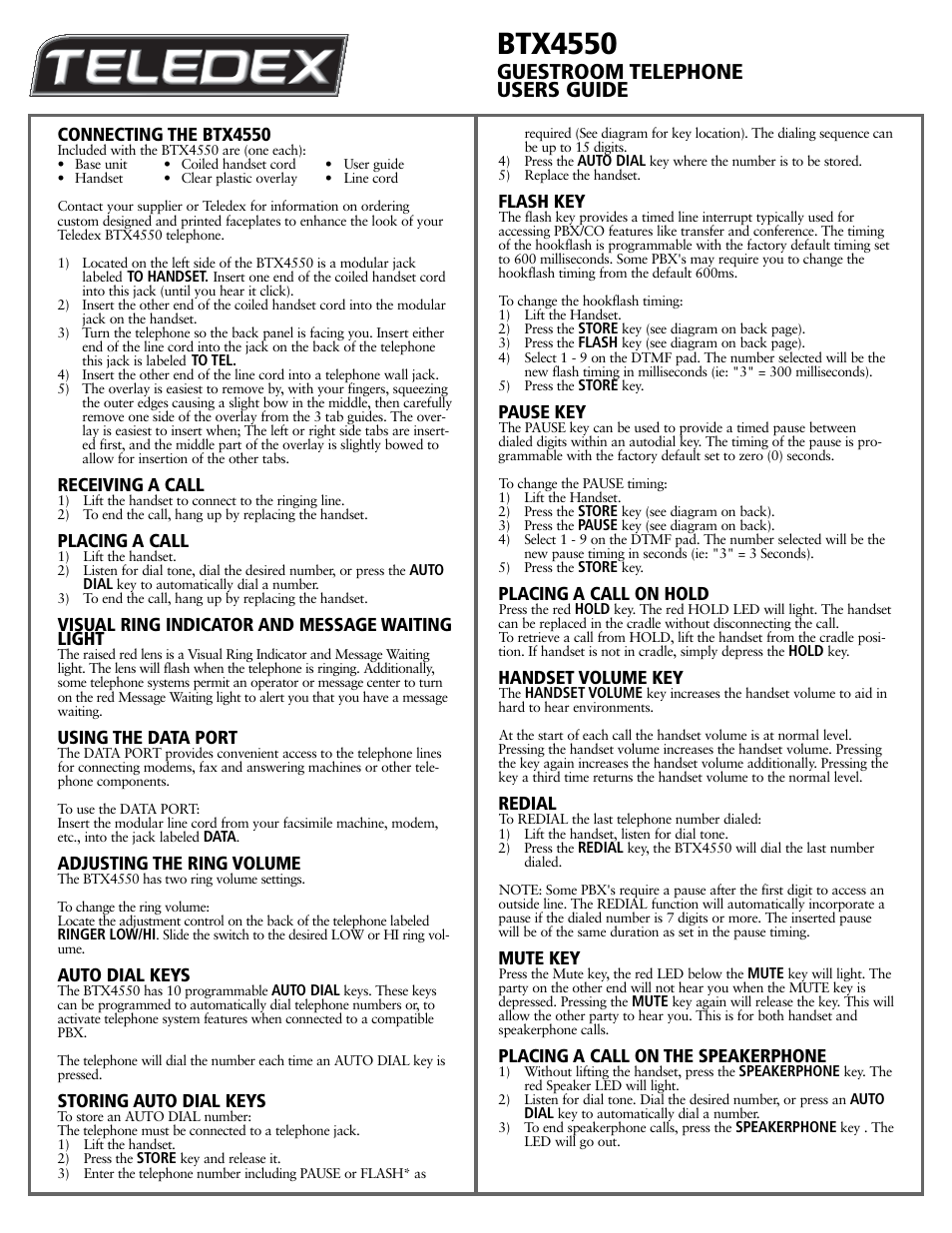 Btx4550, Guestroom telephone users guide | Teledex BTX Series User Manual | Page 11 / 19