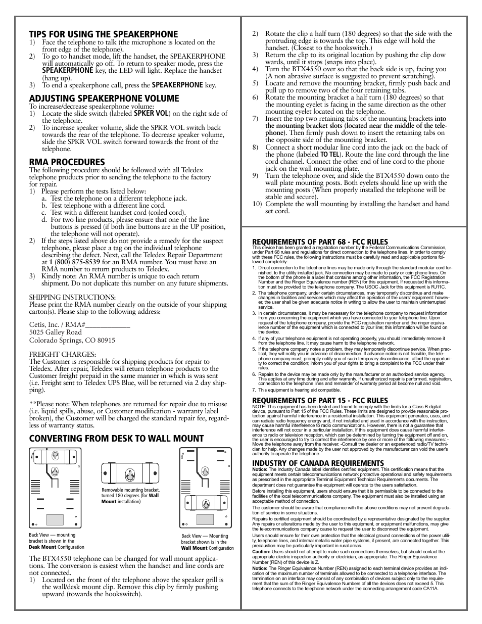 Tips for using the speakerphone, Adjusting speakerphone volume, Rma procedures | Converting from desk to wall mount | Teledex BTX Series User Manual | Page 12 / 19