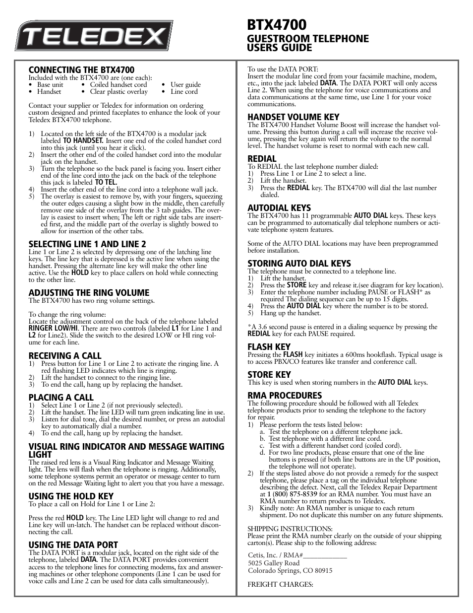 Btx4700, Guestroom telephone users guide | Teledex BTX Series User Manual | Page 14 / 19