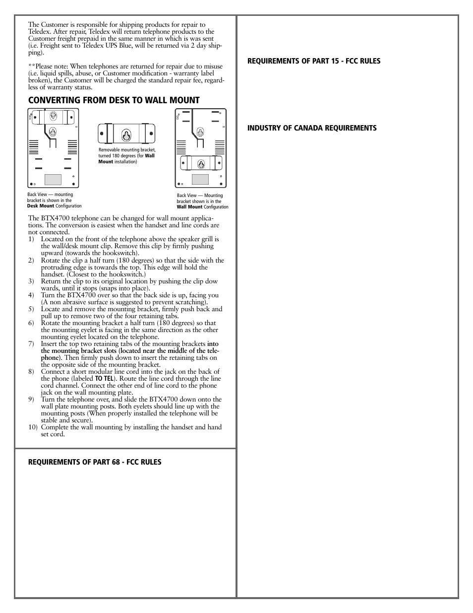 Converting from desk to wall mount | Teledex BTX Series User Manual | Page 15 / 19