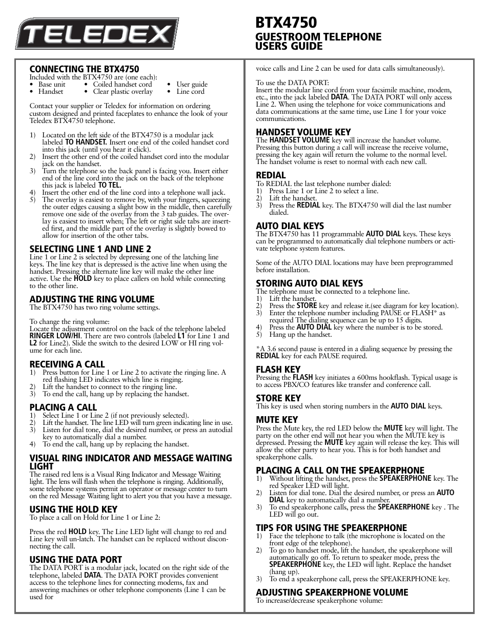 Btx4750, Guestroom telephone users guide | Teledex BTX Series User Manual | Page 17 / 19