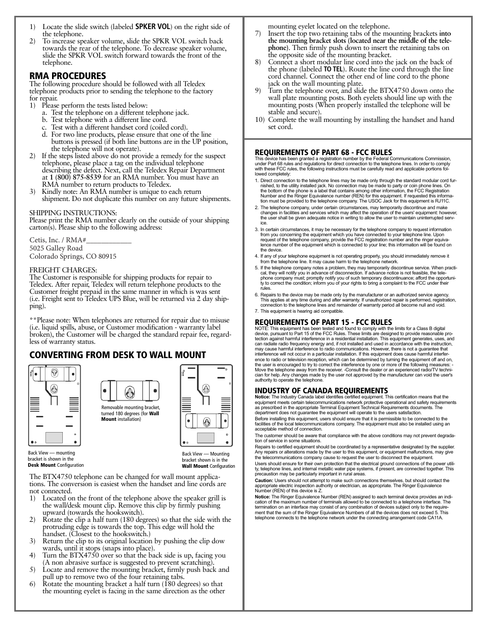 Rma procedures, Converting from desk to wall mount | Teledex BTX Series User Manual | Page 18 / 19