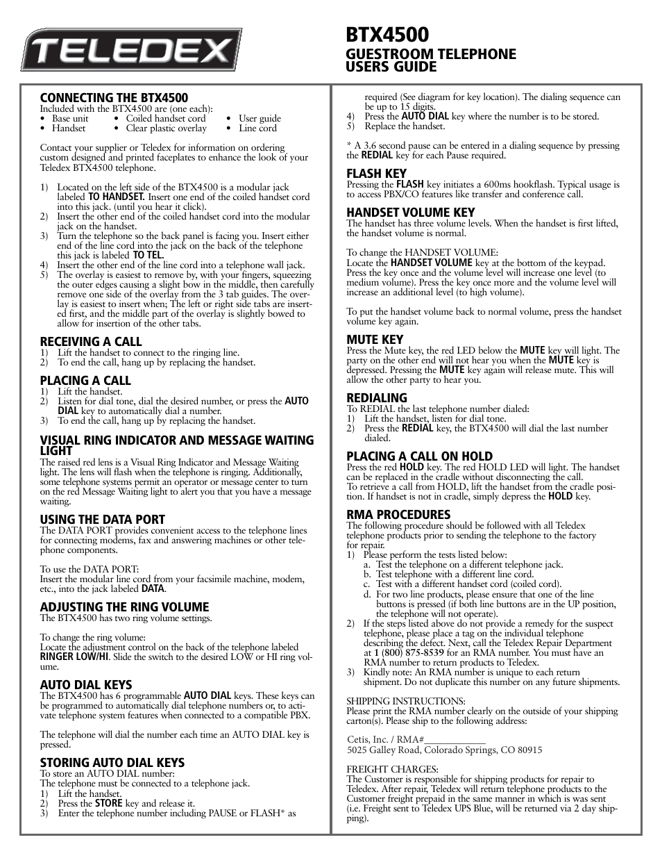 Btx4500, Guestroom telephone users guide | Teledex BTX Series User Manual | Page 3 / 19