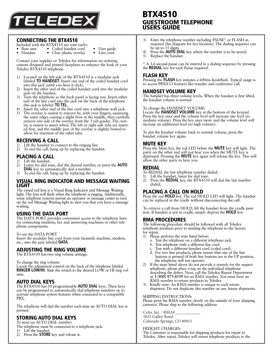 Btx4510, Guestroom telephone users guide | Teledex BTX Series User Manual | Page 6 / 19