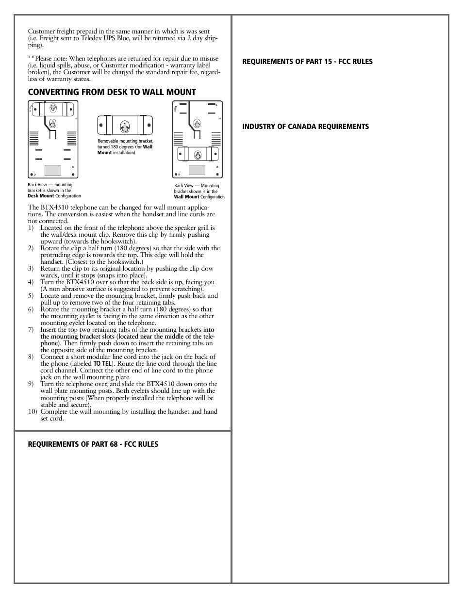 Converting from desk to wall mount | Teledex BTX Series User Manual | Page 7 / 19