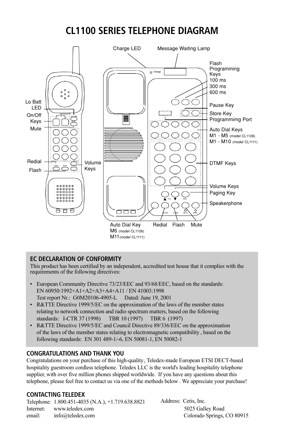 Cl1100 series telephone diagram | Teledex CL Series User Manual | Page 2 / 26