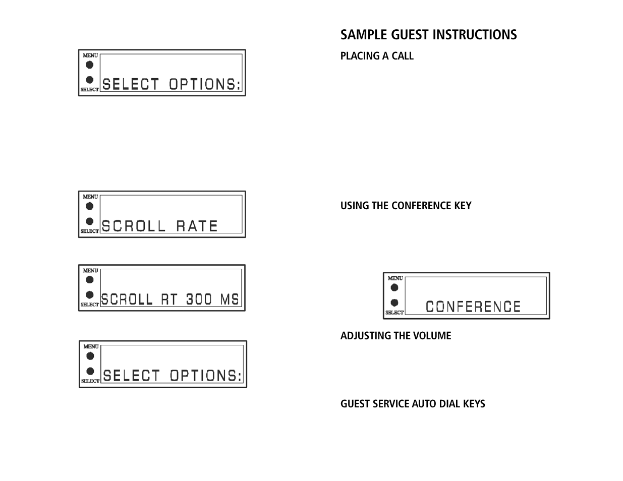 Sample guest instructions, Placing a call, Using the conference key | Adjusting the volume, Guest service auto dial keys | Teledex Millennium Series User Manual | Page 13 / 15