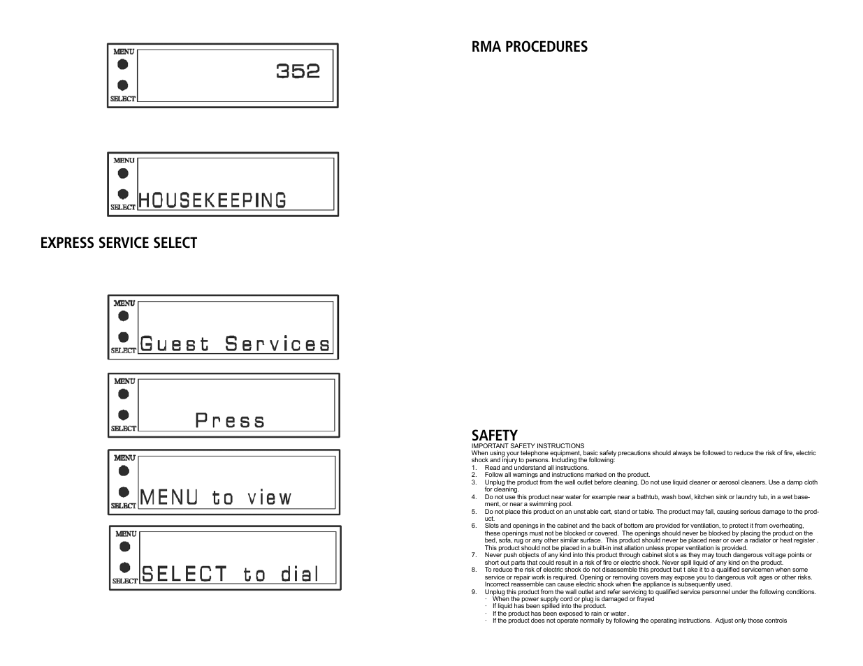 Express service select, Rma procedures, Safety | Teledex Millennium Series User Manual | Page 14 / 15