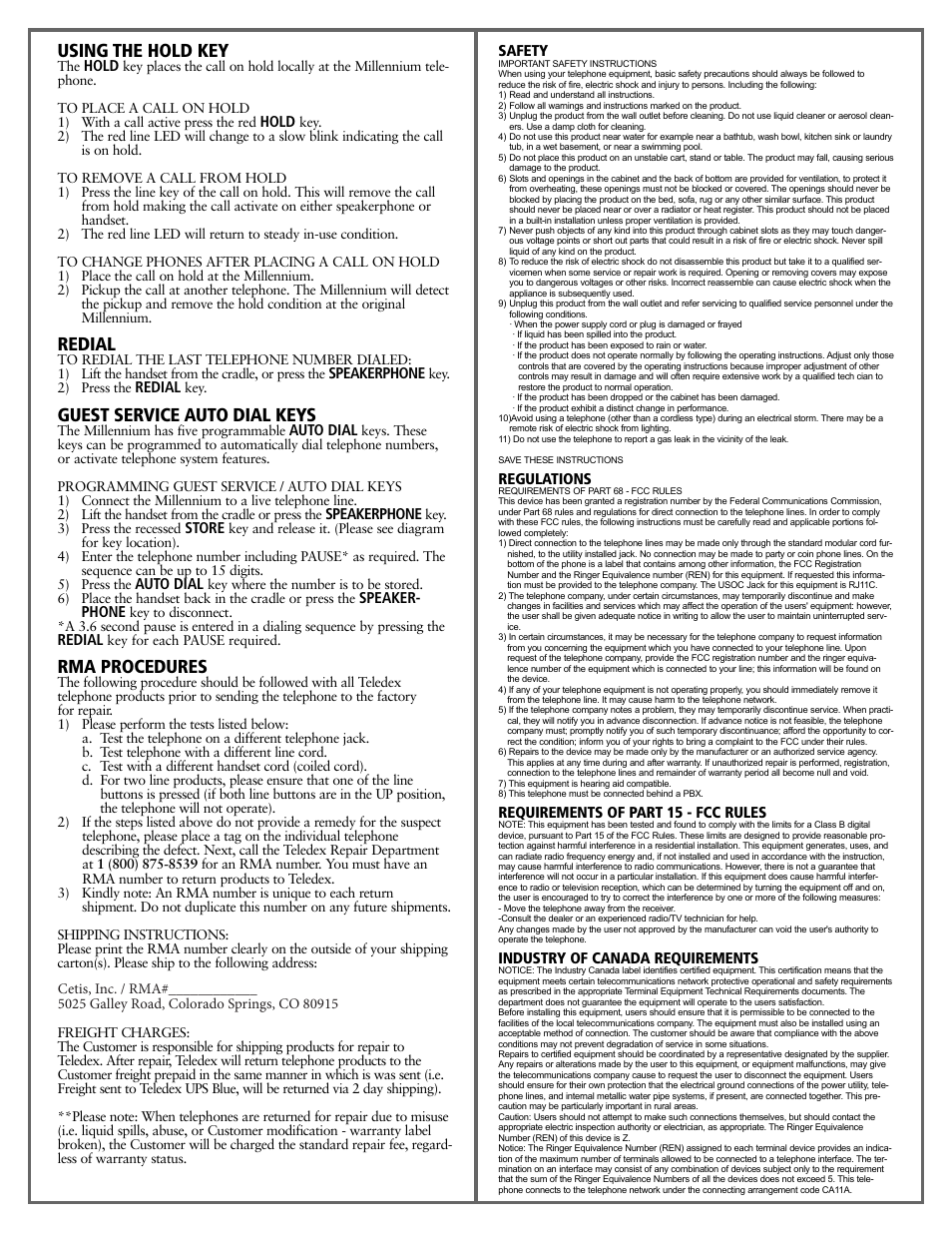 Using the hold key, Redial, Guest service auto dial keys | Rma procedures | Teledex Millennium Series User Manual | Page 2 / 15