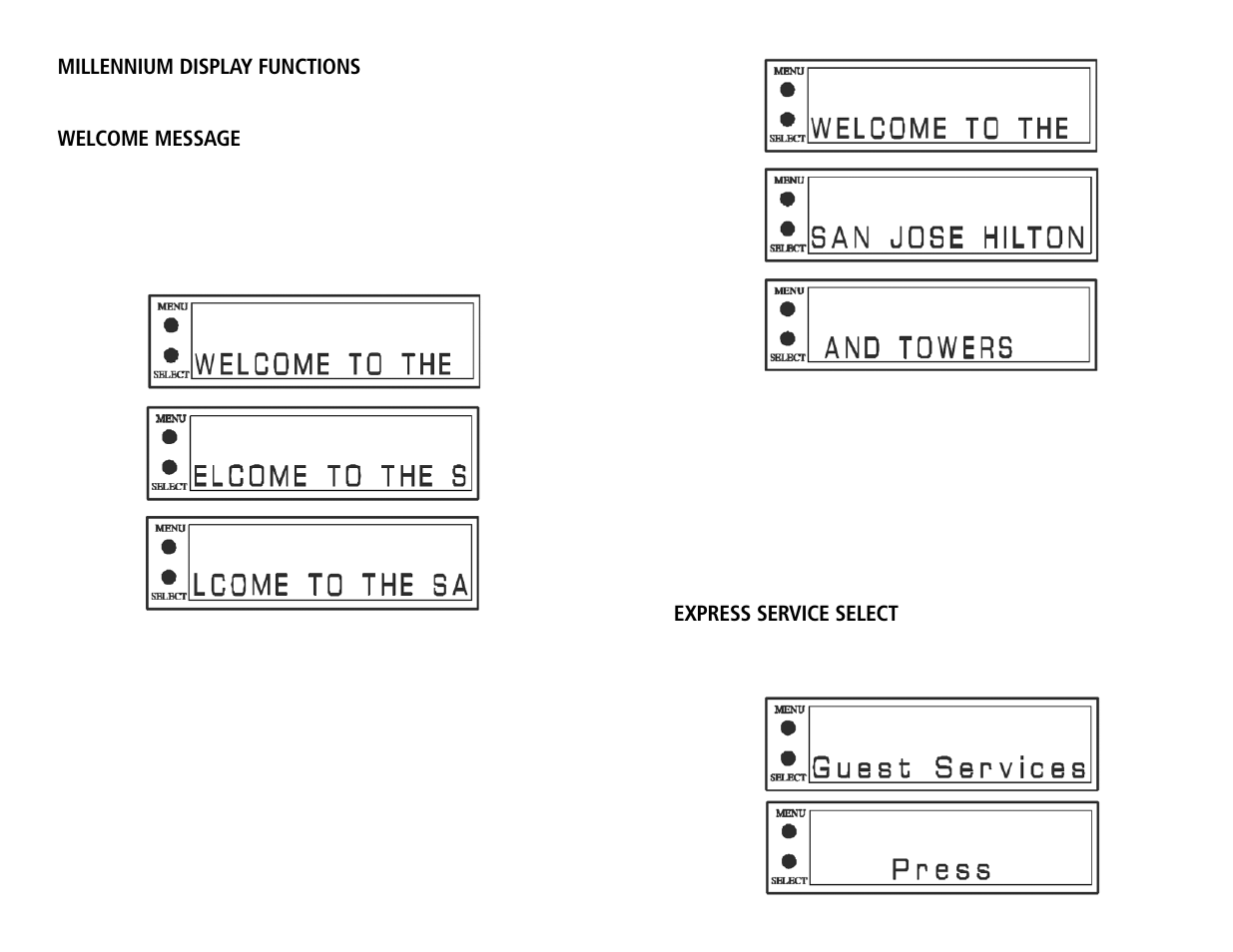 Millennium display functions, Welcome message, Express service select | Teledex Millennium Series User Manual | Page 8 / 15