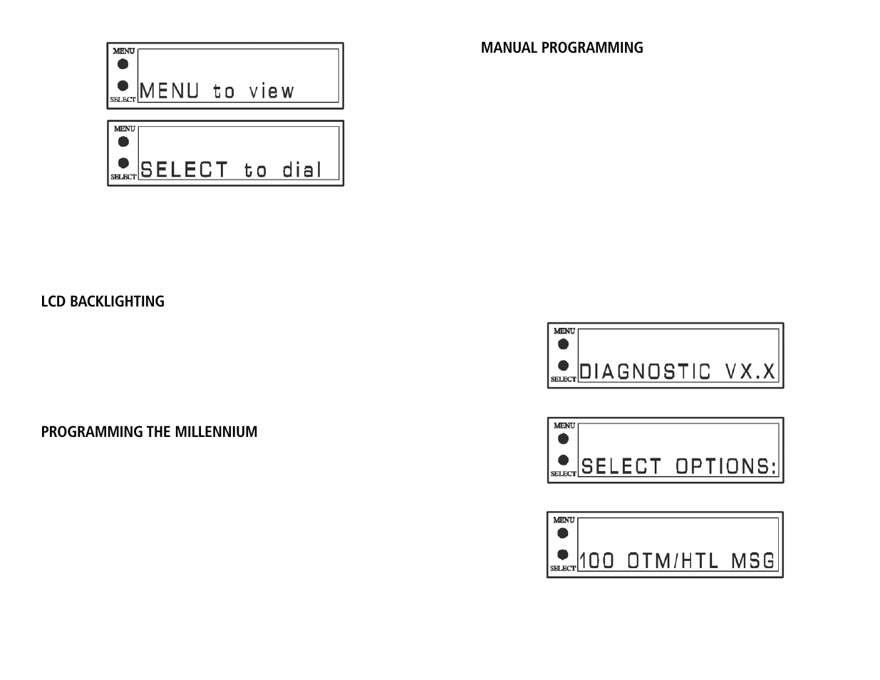 Lcd backlighting, Programming the millennium, Manual programming | Teledex Millennium Series User Manual | Page 9 / 15