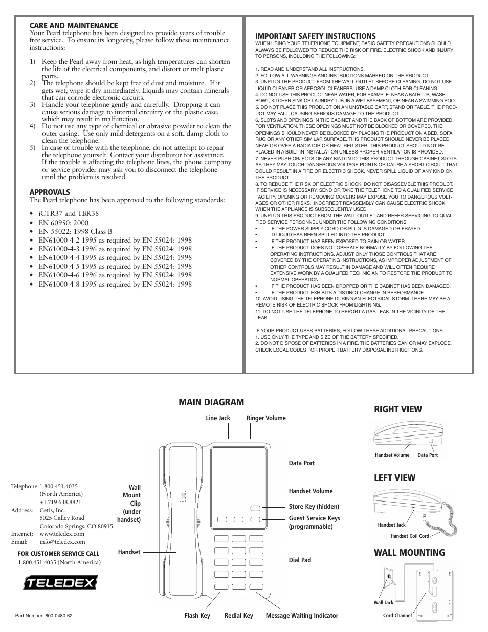Main diagram right view left view wall mounting | Teledex Pearl User Manual | Page 2 / 8