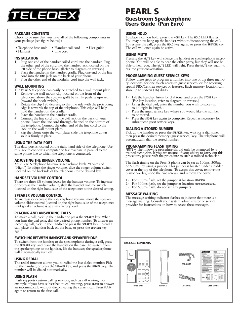 Pearl s, Guestroom speakerphone users guide (pan euro) | Teledex Pearl User Manual | Page 3 / 8
