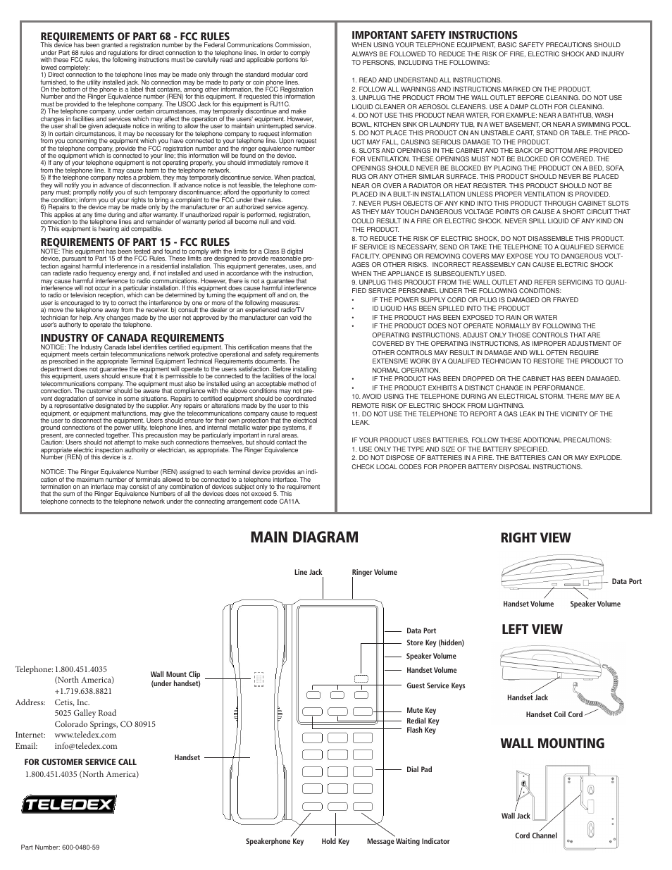 Main diagram, Right view left view wall mounting, Requirements of part 68 - fcc rules | Requirements of part 15 - fcc rules, Industry of canada requirements, Important safety instructions | Teledex Pearl User Manual | Page 6 / 8