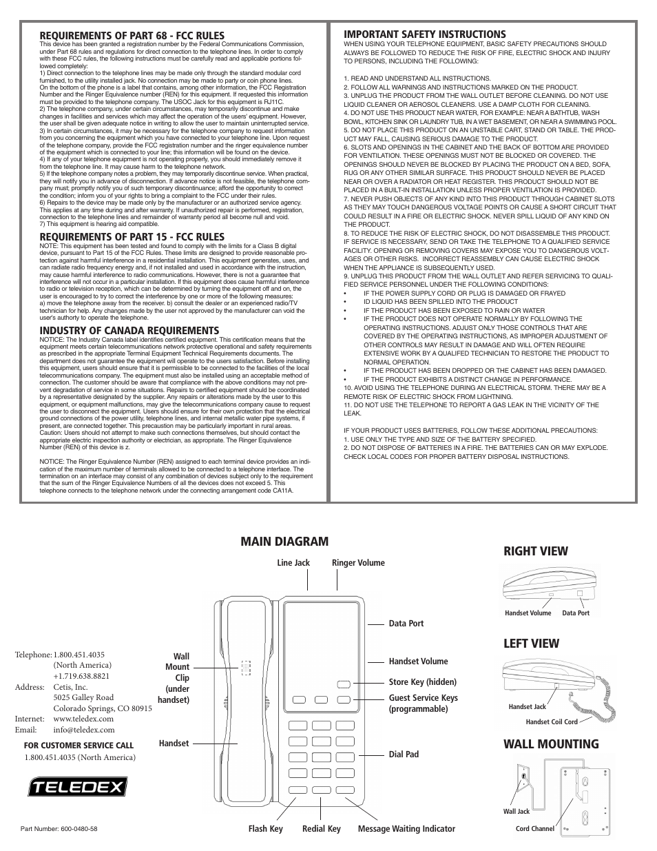 Main diagram right view left view wall mounting | Teledex Pearl User Manual | Page 8 / 8