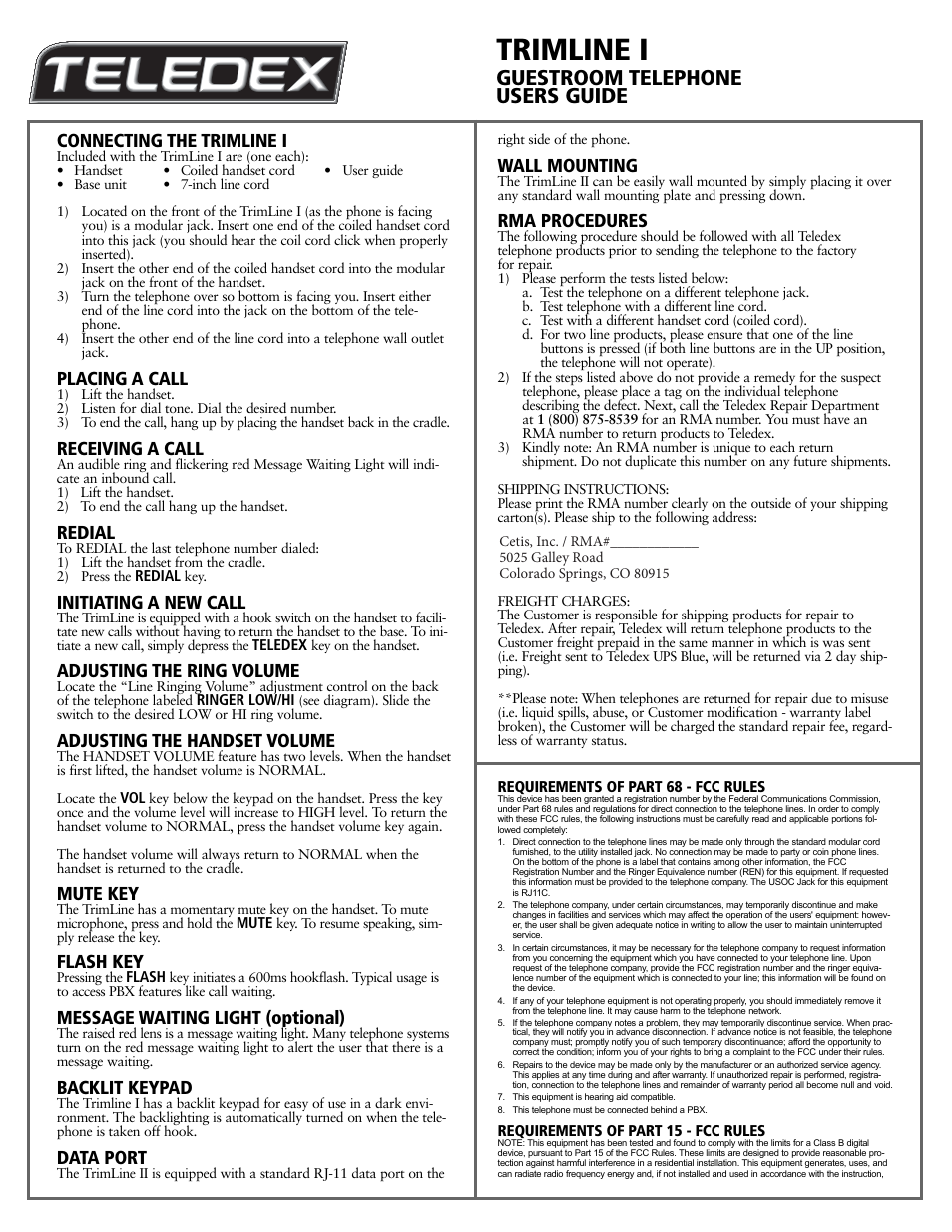 Teledex Trimline Series User Manual | 4 pages