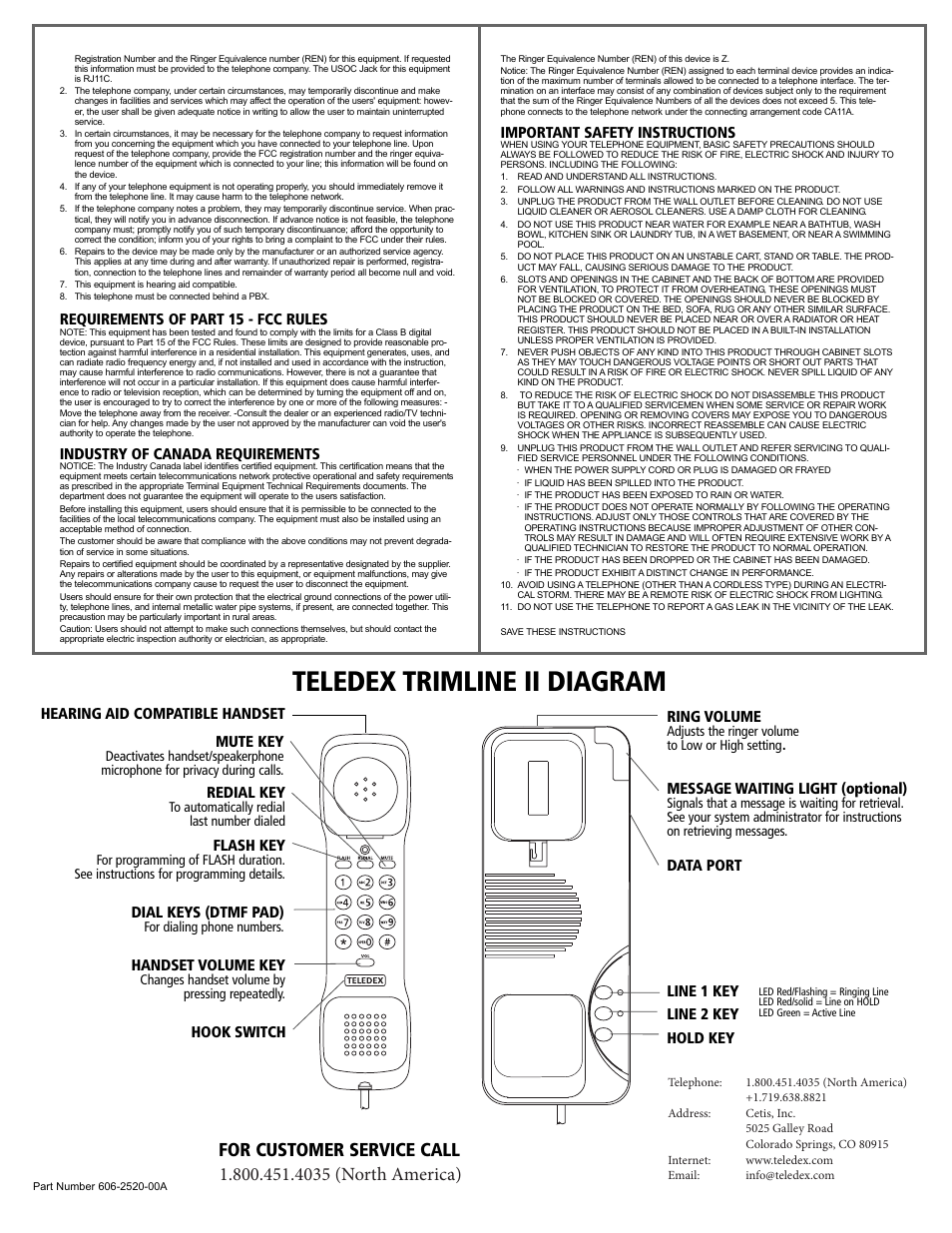 Teledex trimline ii diagram, For customer service call, 4035 (north america) | Requirements of part 15 - fcc rules, Industry of canada requirements, Important safety instructions, Ring volume, Redial key, Message waiting light (optional), Flash key | Teledex Trimline Series User Manual | Page 4 / 4