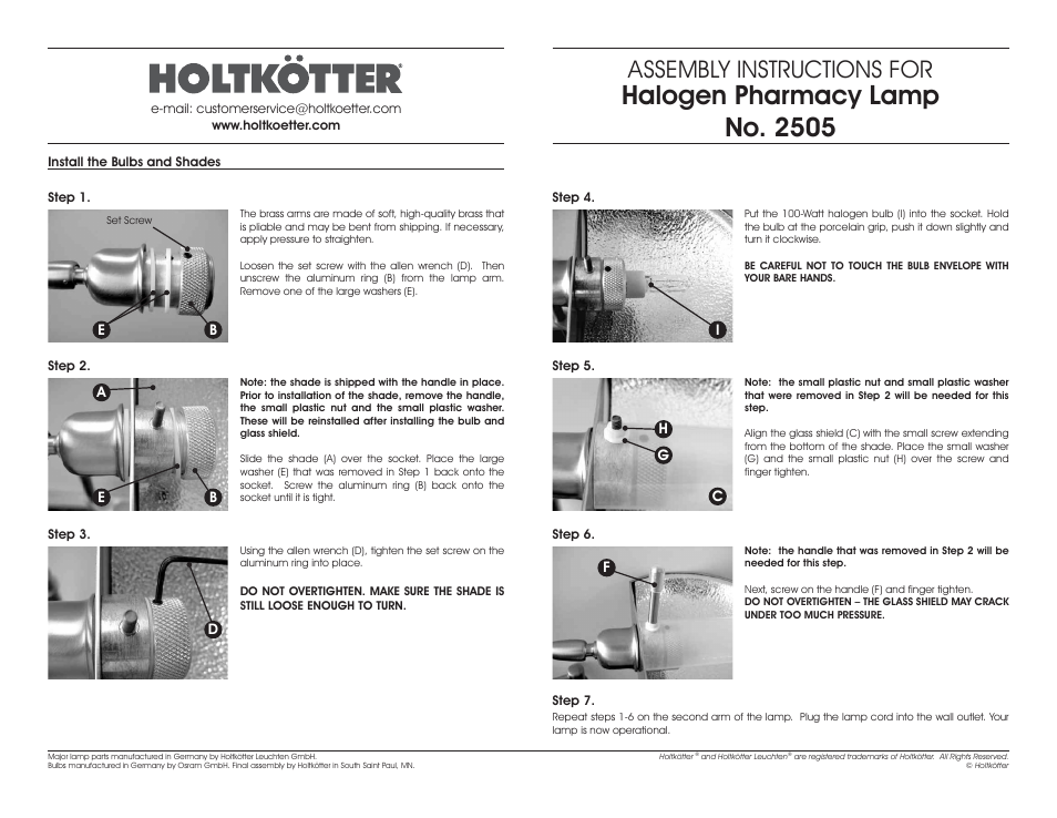 Halogen pharmacy lamp no. 2505, Assembly instructions for | Holtkoetter 2505 User Manual | Page 2 / 2