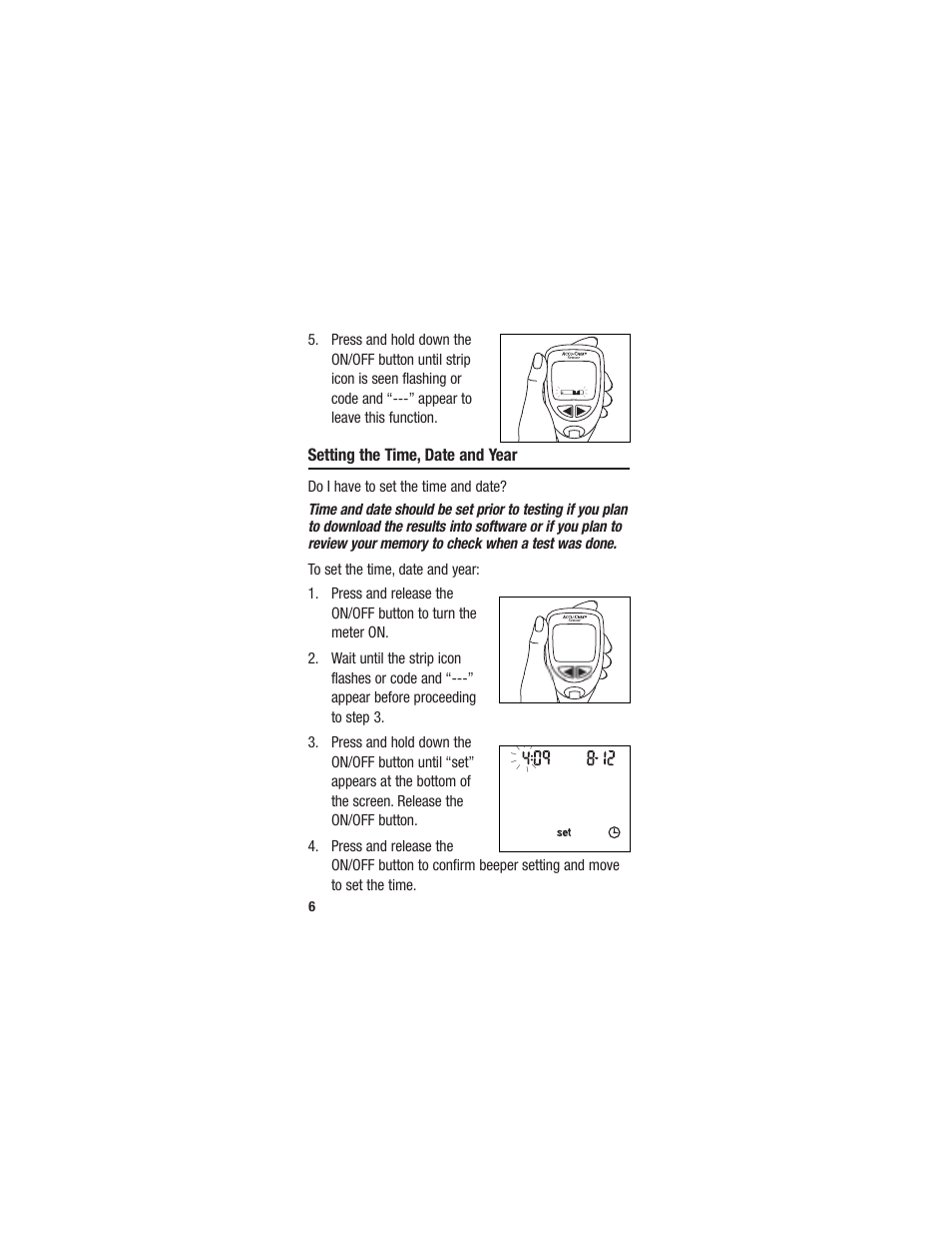 Setting the time, date and year | Accu-Chek Sensor User Manual | Page 16 / 63