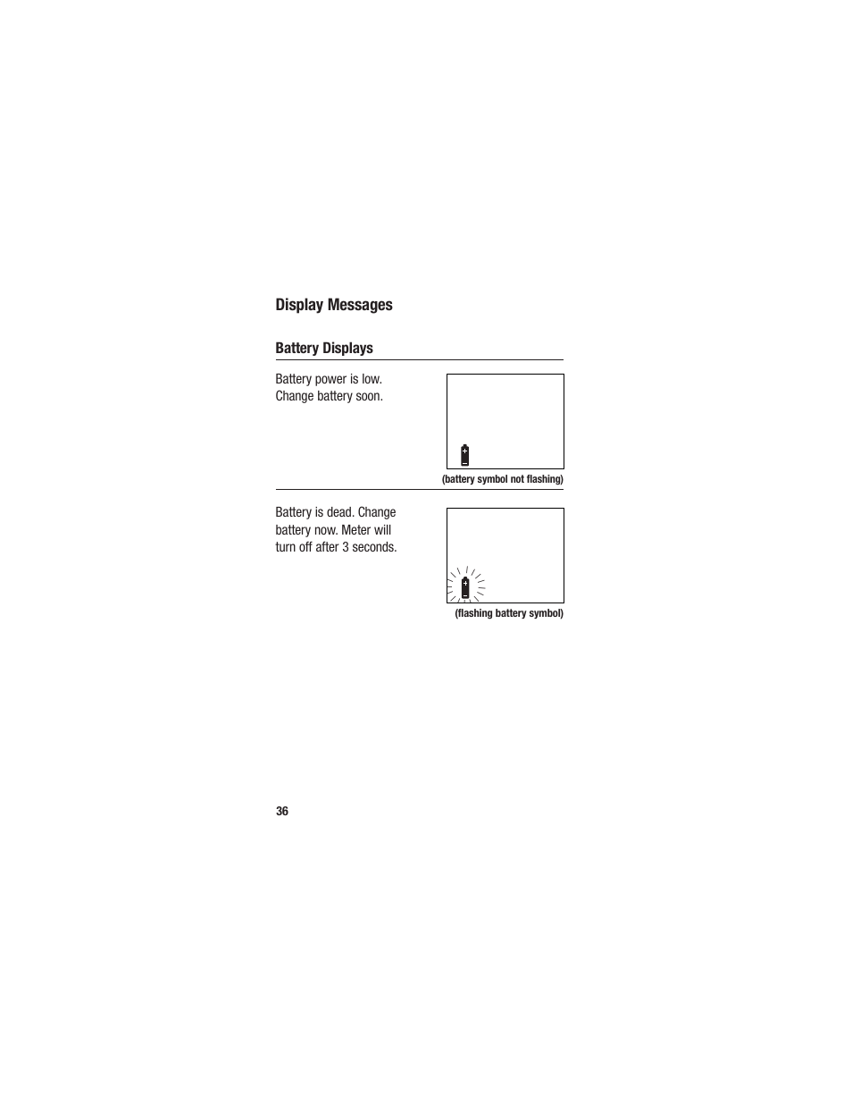 Display messages, Battery displays | Accu-Chek Sensor User Manual | Page 46 / 63