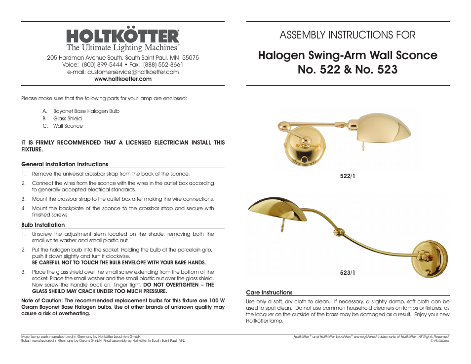 Holtkoetter 522 User Manual | 1 page