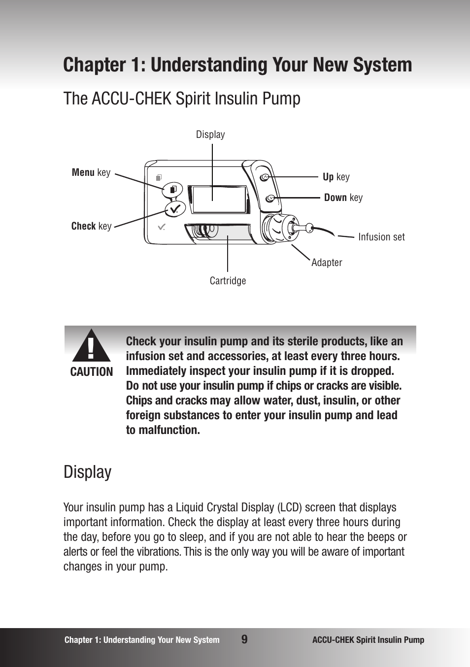 Chapter 1: understanding your new system, The accu-chek spirit insulin pump display | Accu-Chek insulin pump User Manual | Page 10 / 200