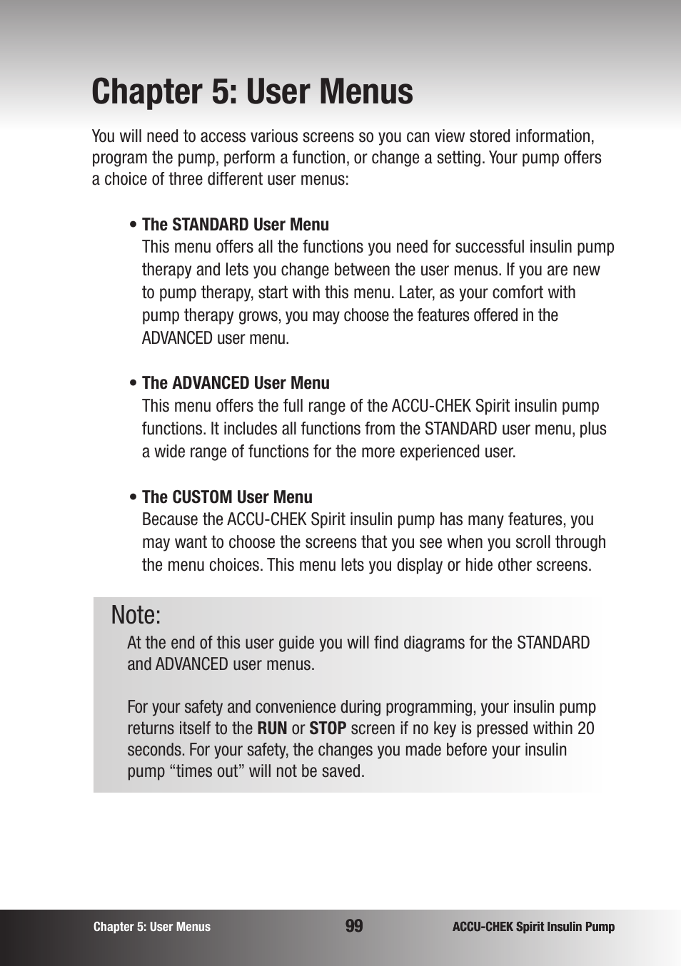 Chapter 5: user menus | Accu-Chek insulin pump User Manual | Page 100 / 200