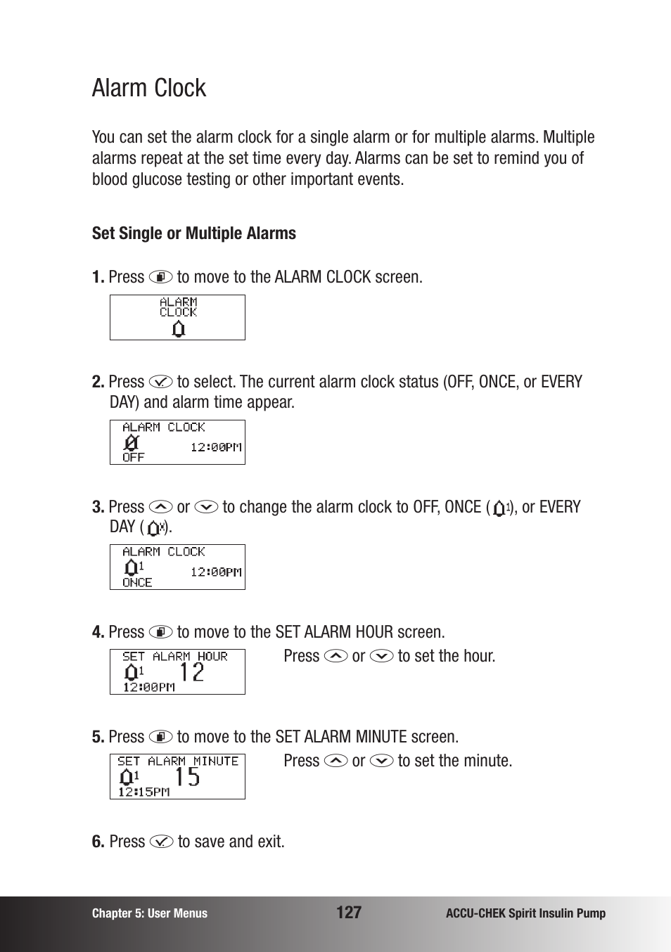 Alarm clock | Accu-Chek insulin pump User Manual | Page 128 / 200