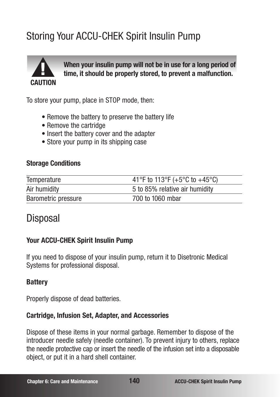 Storing your accu-chek spirit insulin pump, Disposal | Accu-Chek insulin pump User Manual | Page 141 / 200