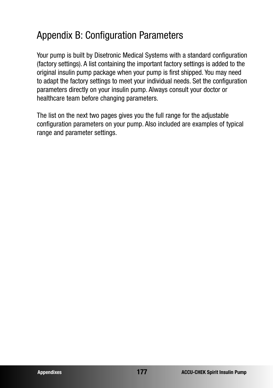Appendix b: configuration parameters | Accu-Chek insulin pump User Manual | Page 178 / 200