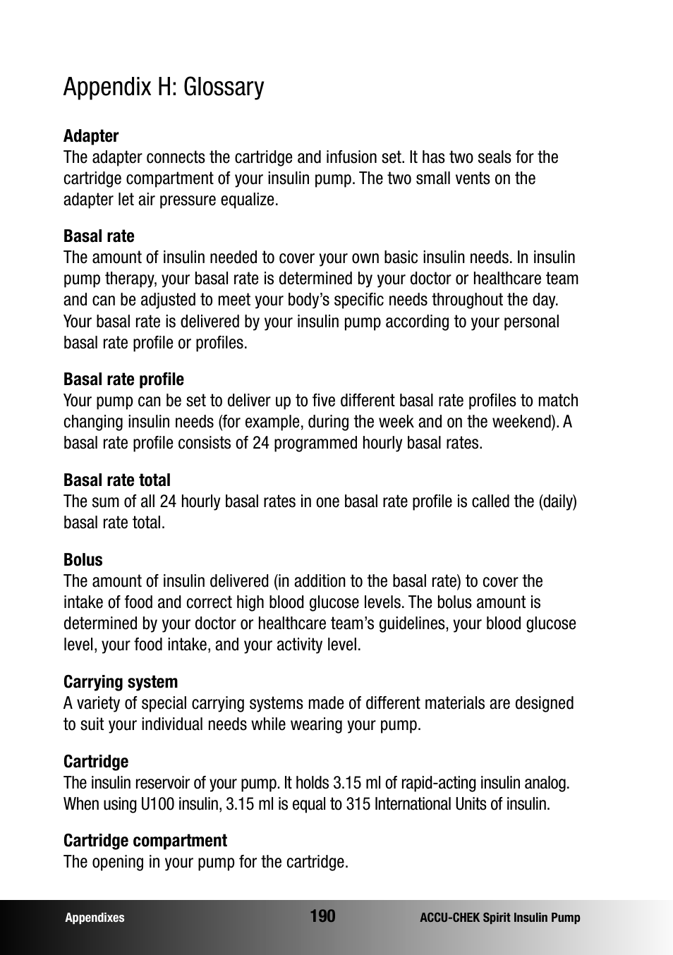 Appendix h: glossary | Accu-Chek insulin pump User Manual | Page 191 / 200